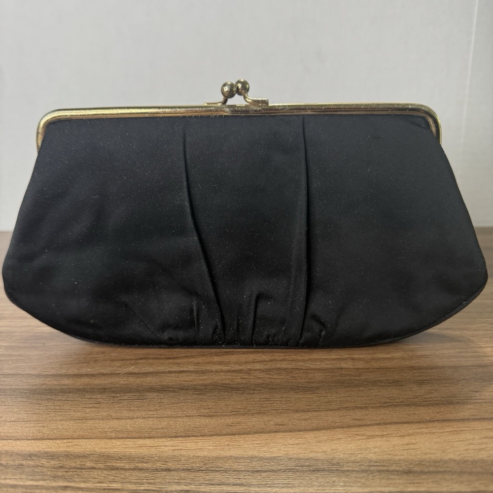 Vintage Black Fabric Red Floral Lining Brass Trim Metal Clutch Purse Evening Bag
